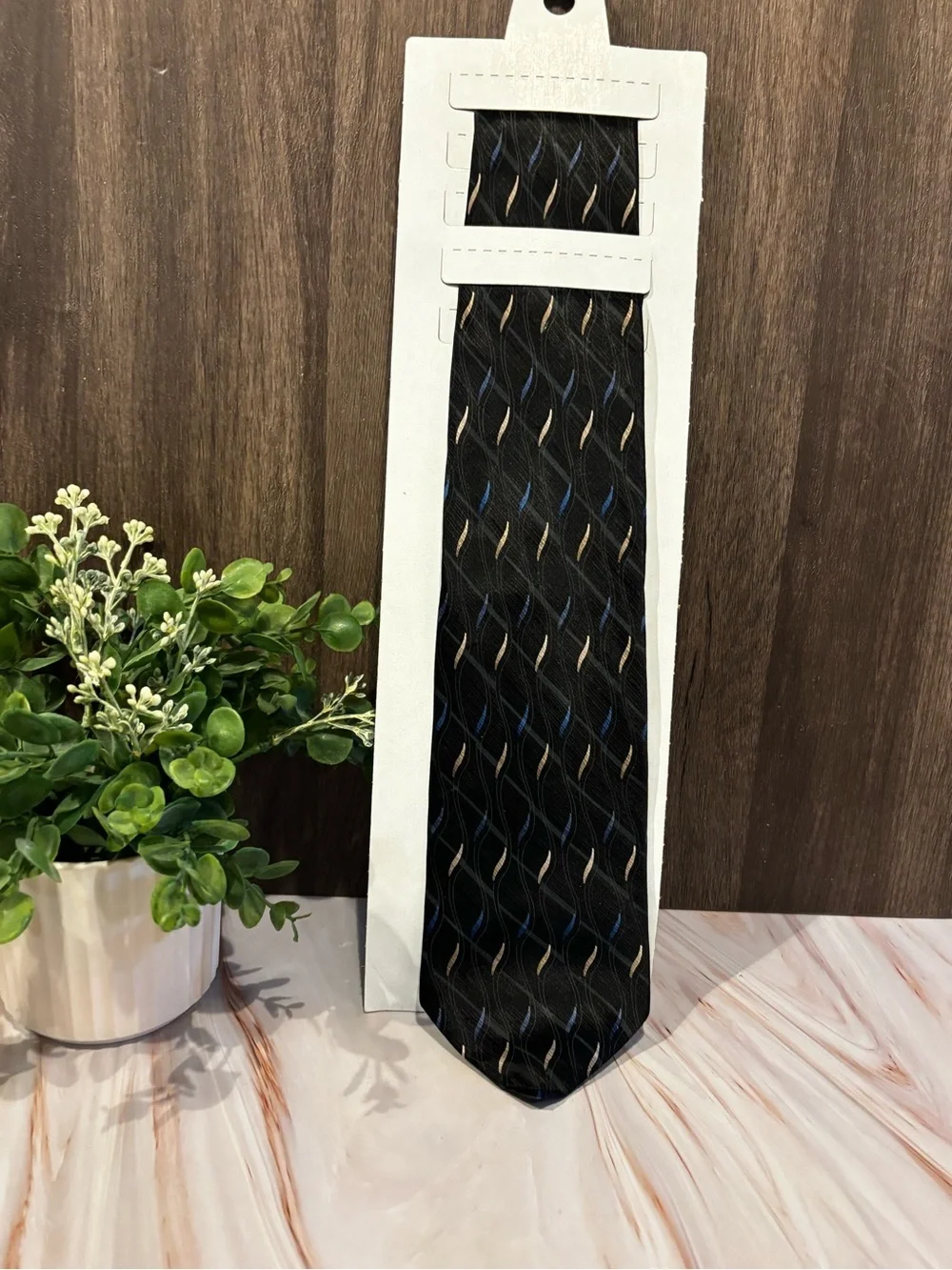 Pierre Cardin Black Tie with Blue and Gold Wave Accents